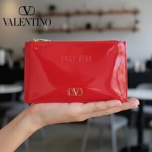 Valentino NWOT Voce Viva High Shine Red Makeup Bag Top Zip Closure Clutch Pouch